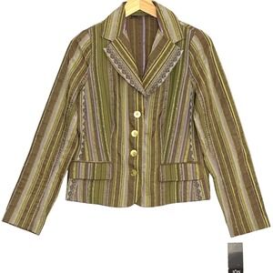 JON Teri Jon Womens Jacket 6 Green Brown Stripe Lace Boho Artsy Eclectic Goblin